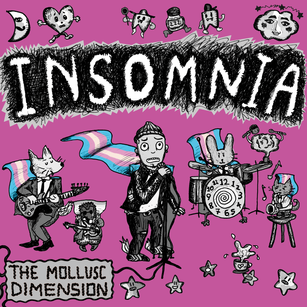 An EP cover, drawn by Squid, with the title INSOMNIA. In the centre, Joonkid sings, wearing a trans pride flag as a cape, surrounded by forest creatures as musicians in a band. The mic cord expands to include the words The Mollusc Dimension.