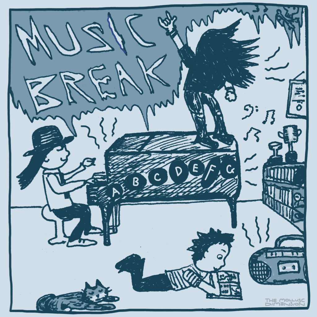A comic image from The Weird and Wonderful Surviveries of Squid Horse (2024-25). In the top left corner, the text MUSIC BREAK in all caps and italics is set in darker background indicating loudness, a longhaired Coolhead Mollusc is tinkling the ivories dressed in black tie, Horse is headbanging in all-black, his hair covering his face, his right hand raised and fingers in a RAWK-position. On the floor, below the piano, a young, short-haired Squid is reading a book, listening to the radio, accompanied by a sleeping cat.