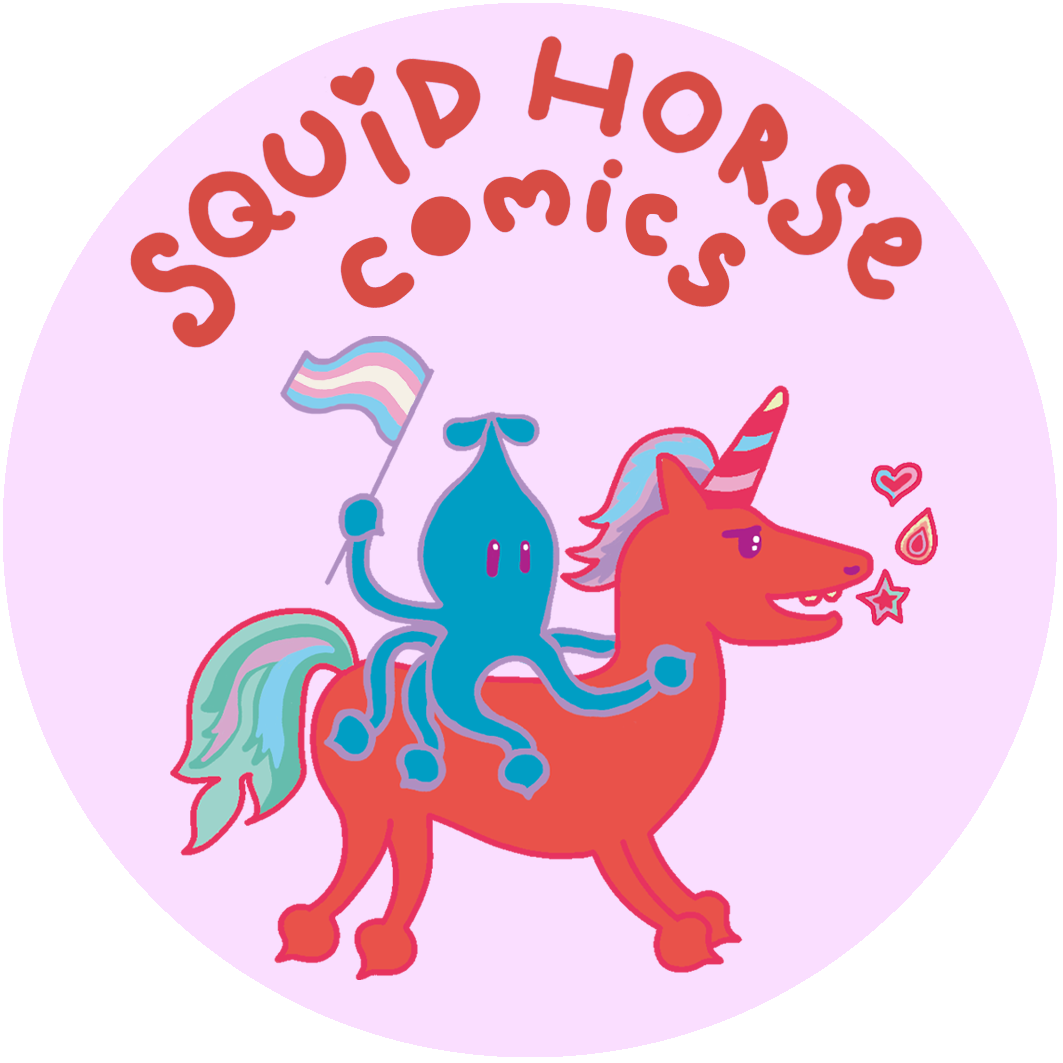 A pink circle, containing the words 'Squid Horse Comics' in red letters, above a drawing of a blue squid waving a trans rights flag in one tentacle, riding a red unicorn.